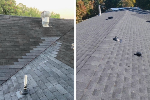 photo of a roof repair on the left and photo of a roof replacement on the right